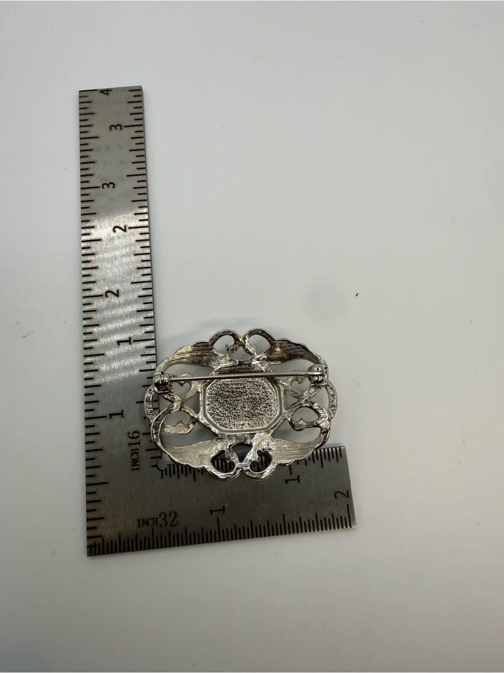 Vintage Silver Tone Filigree Brooch Blue Faceted Glass Statement Pin